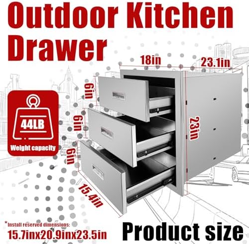 Outdoor Kitchen Triple Drawers 18'' W x 23'' H x 23.1'' D Stainless Steel BBQ Island Drawers with Handle Enclosed Built-in Flush Mount Drawer for Outdoor Kitchen Island Patio Grill Station - Image 3