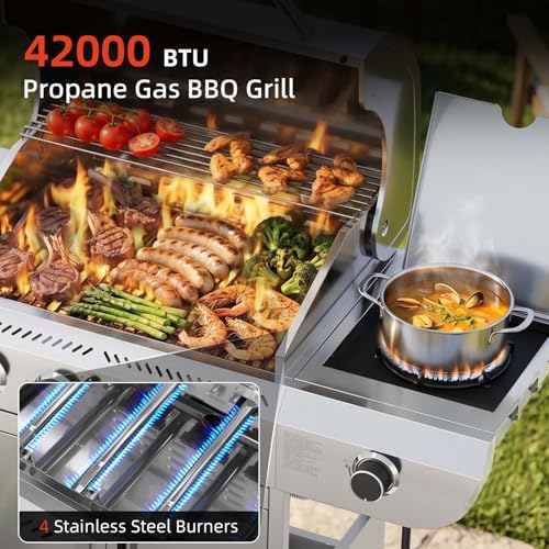 COWSAR 4-Burner Gas Grill, 42000 BTU BBQ Grill, Stainless Steel Barbecue Grill with Side Burner, Enameled Cast Iron Grill, Pull-Out Oil Tray, Suitable For Outdoor, Backyard Barbecues - Image 2