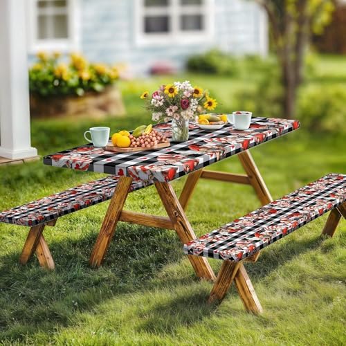 Valentine's Day Picnic Table Cover with Bench Covers, Camping Essentials, Valentines Decor Waterproof Windproof, Fitted Tablecloth Cover with Elastic Edge, Outdoor Table Covers, 3 PCS, 30x60 Inch - Image 3