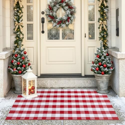 OJIA Christmas Front Door Mat 24"x51" Red and White Buffalo Plaid Porch Rug - Image 6