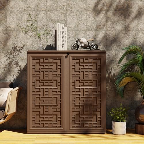 Mrosaa Indoor Outdoor Storage Cabinet Waterproof with 1 Shelf, Plastic Outdoor Storage Cabinets for Patio/Garden/Backyard, Size 34.3''L*15''W*36.2''H(Brown) - Image 4