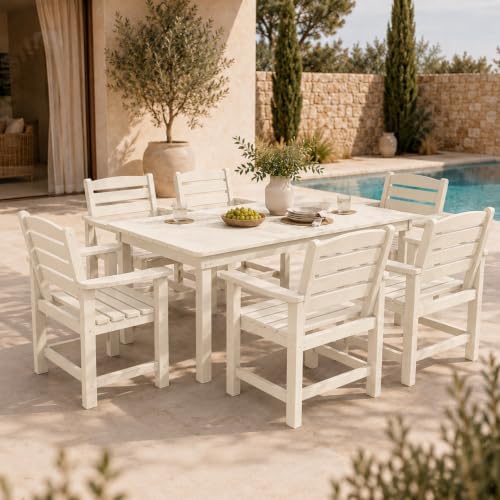 7 Pcs Outdoor Patio Dining Set, HDPE Table & Chairs with Umbrella Hole - Image 4