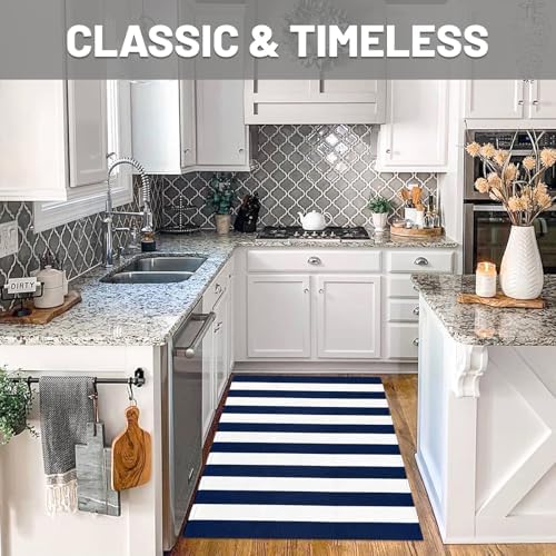 IOHOUZE 27.5x43 Striped Outdoor Door Mat, Washable Porch Rug, Navy/White - Image 3