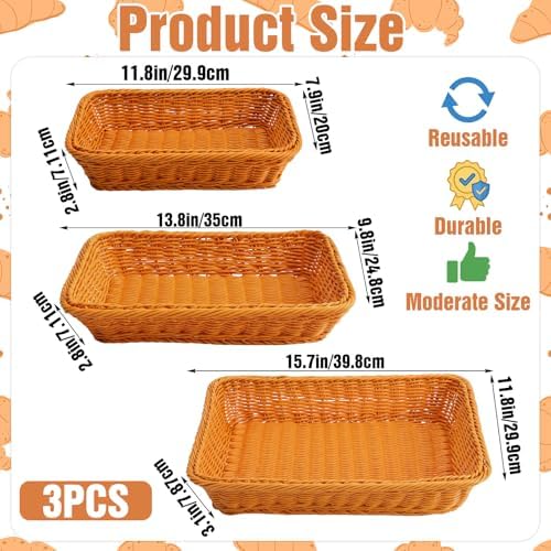 3-Piece Wicker Basket Set, Rectangular Rattan Trays for Serving Bread, Fruit, Vegetables & Snacks - Decorative Display for Kitchen, Restaurant, Home (Multiple Sizes) - Image 2