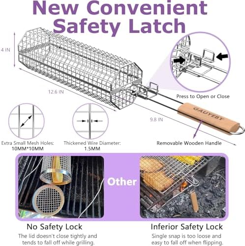 Rolling Grill Basket, Grilling Baskets for Outdoor Grill, REMOVABLE HANDLE, Anti-Scorch Stainless Steel BBQ Net Tube for Meat, Shrimp, Vegetables, BBQ Gifts for Dad, Husband (Octagon) - Image 5
