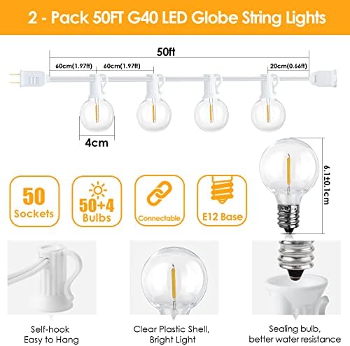 Mlambert 100Ft(2x50Ft) Outdoor String Lights, G40 Globe Patio Lights with 50+4 Waterproof Hanging LED Bulbs for Party Cafe Camping Outside-White Wire - Image 4