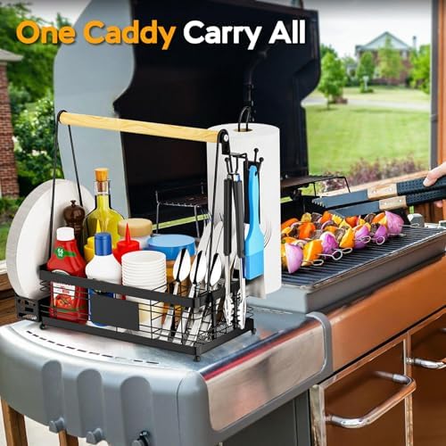 Grill Caddy with Plate Holder and Paper Towel Holder, Picnic BBQ Condiment Utensil Organizer Caddy for Outdoor Cooking, Camping Essential, Camper Must Haves, Grilling Gifts for Men - Image 2