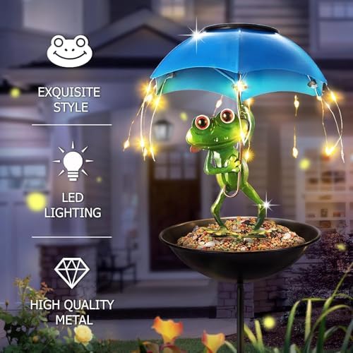 Solar Bird Feeder Frog Garden Decor, Outdoor Solar Lights Frog Figurine Lights with Umbrella, Hummingbird Feeder Decorative Path Lights Gardening Gifts for Women, Yard Art Ornament Bird Feeder - Image 2