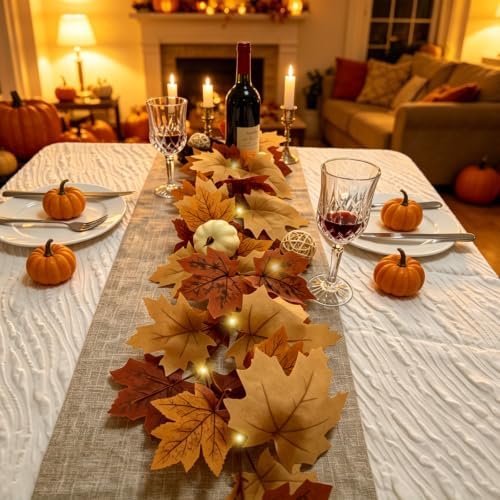 2 Pack Fall Garland with Lights-Total 12Ft Autumn Leaves Garland for Mantle Fireplace-Brown Fall Decor for Front Door with Pumpkins Indoor Maple for Stairs Porch Thanksgiving Decorations - Image 5
