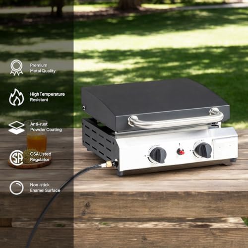 ROVSUN 2 Burner Portable Propane Griddle with Ignition, 20,000 BTU Tabletop Flat Top Gas Grill with Enameled Tray & Lid for Outdoor Cooking Camping BBQ Tailgating Picnicking - Image 3