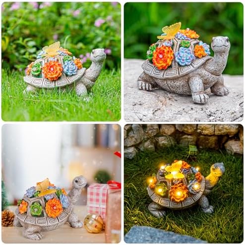 YDKOJGW Solar Garden Outdoor Statues with Succulent and 7 LED Lights - Lawn Decor Tortoise Statue for Patio, Balcony, Yard Ornament - Unique Housewarming Gifts (Gray Turtle) - Image 6