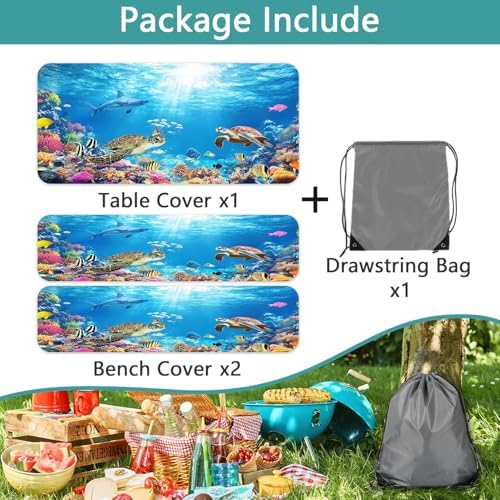 Ocean Animals Picnic Table Cover with Bench Covers, Camping Essentials, Underwater Sea Turtles Waterproof Windproof, Fitted Tablecloth Cover with Elastic Edge, for Garden & Outdoor, 3 PCS, 30x72 Inch - Image 7