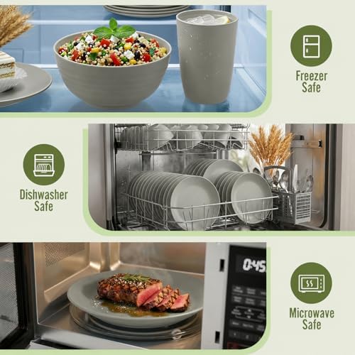 Unbreakable Wheat Straw Dinnerware Set 40 PCS - Wheat Straw Plates and Bowls Sets With Cups for 8 Dishwasher & Microwave Safe Lightweight Dish Set for Party Camping Kitchen - Grey - Image 6