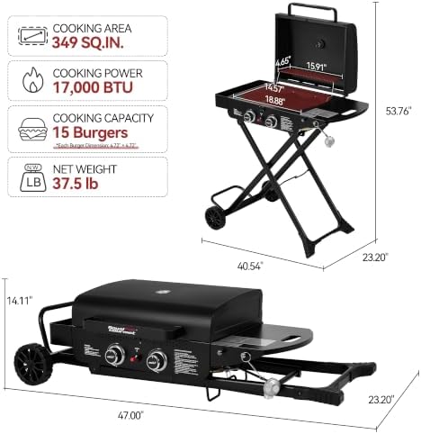 Royal Gourmet GT2009 2-Burner Portable Gas Grill with Folding Cart, Black - Image 4