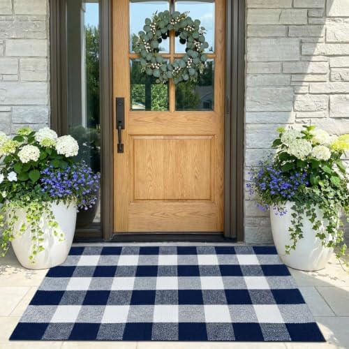 MUBIN Cotton Buffalo Plaid Rug, 27.5x43 Navy Blue White Outdoor Rug Front Door Decorative Mat, Washable Doormat Foldable Area Rug Layered Door Mats Rug for Front Porch, Entryway, Patio - Image 4