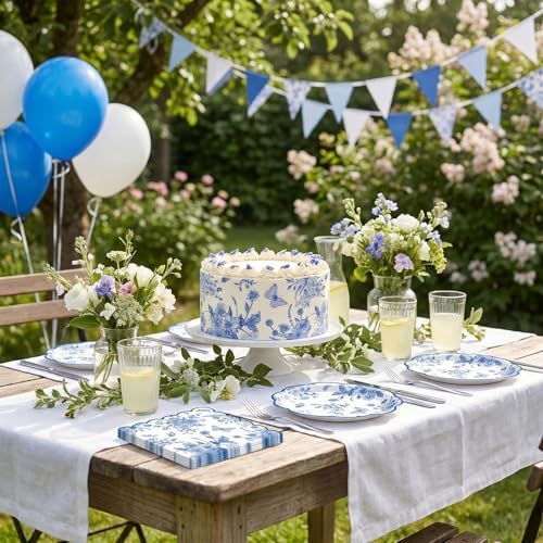 50 Pcs Blue Floral Plates and Napkins, Blue Floral Party Supplies - Image 7