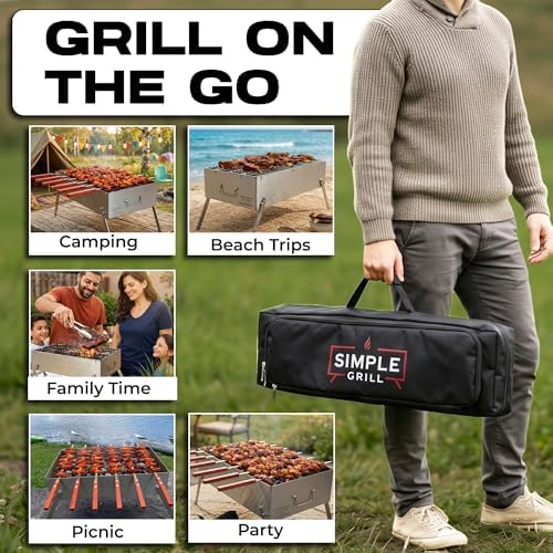 TSG Portable Stainless Steel Mangal Charcoal Grill For Shish Kebab, Steaks, Burgers | 20X12Inch| Includes 6 Skewers, 2 Tongs & Carry Bag | Foldable & Rustproof for Outdoor Cooking | Serves 8-12 People - Image 6