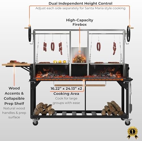 KoolMore 92 in. Charcoal and Wood BBQ Grill, Santa Maria Argentine Style Grill with Dual Adjustable Grate, Heavy Duty, in Black - Image 2