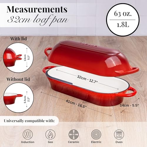 Enamelled Cast Iron Bread Loaf Pot – Dutch Oven For Sourdough Bread Baking – Oven Safe Non Stick Bread Pot – Rectangular, Red, 34cm x 16cm – by Nuovva - Image 2