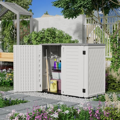 Mrosaa Outdoor Patio Storage Shed,Waterproof Horizontal Outdoor Storage Cabinet for Garbage Cans,Tools and Lawnmower Lockable(34 Cu.ft-Warm-White) - Image 6