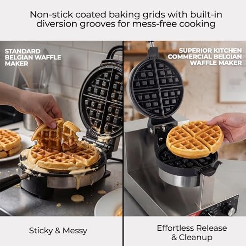 Superior Kitchen Commercial Belgian Waffle Maker, Stainless Steel Waffle Iron with Non-Stick Coating, Rotating Flip Design, Heat-Resistant Handle, Adjustable 122℉/50℃ to 482℉/250℃ Range, 1200W - Image 6