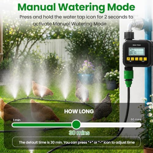 Chicken Mister with Timer, Chicken Coop Accessories with 33FT Hose and 8 Brass Nozzles, 9 Modes, 3/4’’ NPT Faucet Adapter, Misting Cooling System for Outside Patio Backyard Garden Porch Gazebos - Image 7