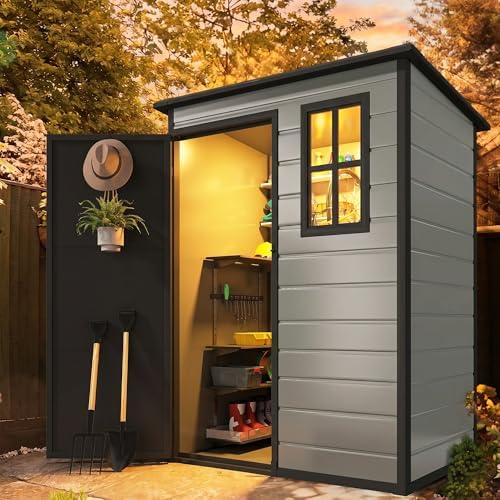 DWVO 5x3ft Resin Outdoor Storage Shed with Floor, Waterproof Lockable Storage Shed with Window, Plastic Outside Tool Storage for Garden, Backyard Patio by DWVO