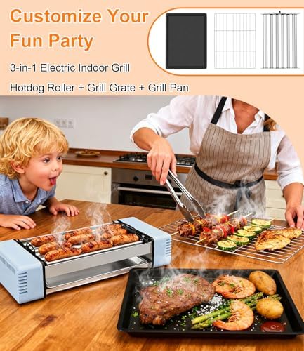 3-in-1 Electric Grill with Hot Dog Roller, Portable Indoor Outdoor BBQ Grill, Griddle and Sausage Roller Machine with Removable Non-Stick Plate & Drip Tray, for Tailgate, Camping, RV, Home Kitchen - Image 3