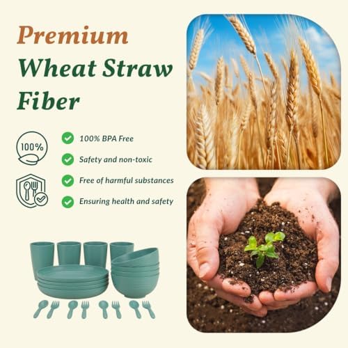 Wheat Straw Dinnerware Sets, Homienly 20pcs Unbreakable Microwave Dishwasher Safe Tableware Lightweight Bowls, Cups, Plates Set Reusable Dinner Plates Bowls set (Green) - Image 3