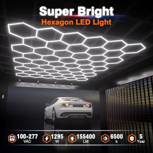 Hexagon Garage Lights: 1295W 185 Pack 50 Grids LED Garage Lights - Easy Install 6500K Super Bright Honeycomb Light for Warehouse, Car Detailing Shop, Exhibition Hall, Gym - Image 2