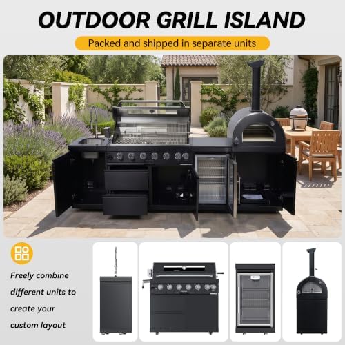109'' LPG Outdoor Kitchen Island with Grill, Pizza Oven, 6 Burners, Black - Image 4