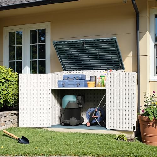 Greesum Outdoor Trash Can Storage Shed, 34 Cu.ft Horizontal Outdoor Storage Cabinet, Waterproof for Garden, Pool Storage, Garbage Cans, Beige - Image 4