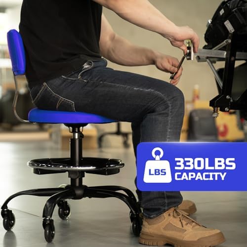Rolling Shop Stool with Wheels, Garage Mechanic Stool Chair with Backrest, Height Adjustable Heavy Duty Swivel Task Chair, Adjustable Footrest with Storage Tray for Garage Kitchen Salon Tattoo (Blue) - Image 3