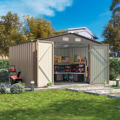 Patiowell 10x8 FT Outdoor Storage Shed, Metal Sheds, Brown by Patiowell