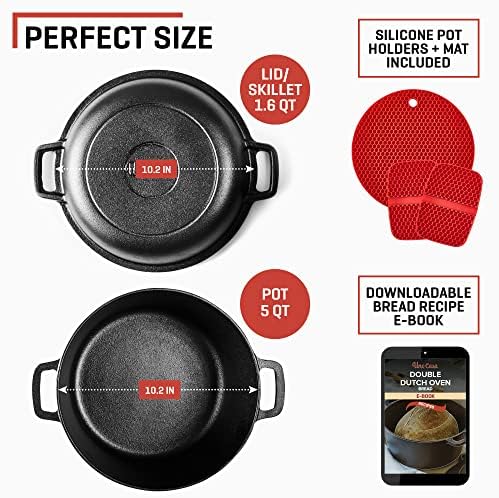 Uno Casa 2-in-1 Cast Iron Dutch Oven Large - 5 Quart Dutch Oven Pot with Lid, Pre-Seasoned Cooking Dish for Bread Baking and Stews - Heavy Duty Cast Iron Pot with Detachable Frying Pan Lid for Versatile Cooking - Image 2