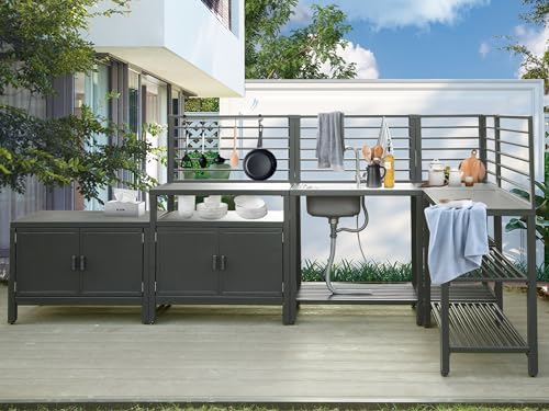 Domi 5-Piece Outdoor Kitchen Island with Storage, Aluminum Kitchen Islands Stainless Steel Sink w/Faucet, Corner Bar Storage Cabinet, Outdoor Kitchen with Protective Cover for Deck, Patio by domioutdoorliving