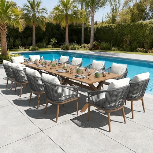 LayinSun 14 Pieces Outdoor Patio Dining Set, Aluminium Rectangular Dining Table and Wicker Rattan Chairs Set for Outside Backyard, Poolside by LayinSun