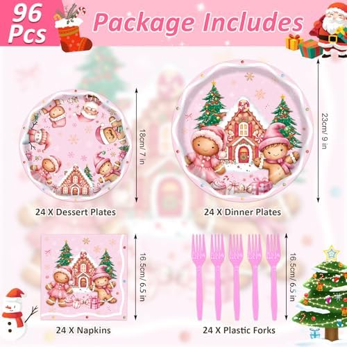 96Pcs Pink Gingerbread Christmas Decorations, Disposable Snowflake Gingerbread Paper Plates Napkins Forks Dinnerware for Xmas Ginger bread House Cookies Party Supplies, Serves 24 - Image 3