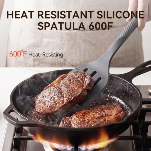 Silicone Cooking Utensils Set - 600°F Heat Resistant, Nonstick Kitchen Utensil Set with Spatulas, Spoons, Whisk, Tongs, BPA Free, Dishwasher Safe (Gray) - Image 4