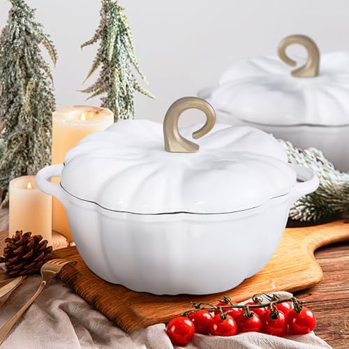 Flavehc Pumpkin Cast Iron Dutch Oven, 3.3 Qt, White, Enameled, with Lid - Image 7