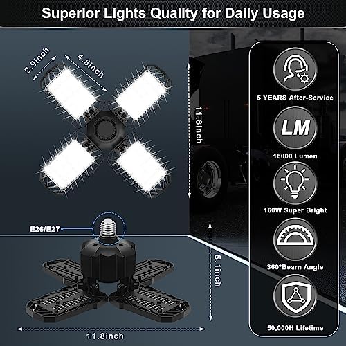 4 Pack LED Garage Light, 150W 15000LM 6500K LED Shop Lights, Garage Lights Ceiling Led with 4 Deformable Panels, Screw in E26/E27 Bulb Socket for Warehouse, Basement, Attic, Barn, High Bay Lighting - Image 4