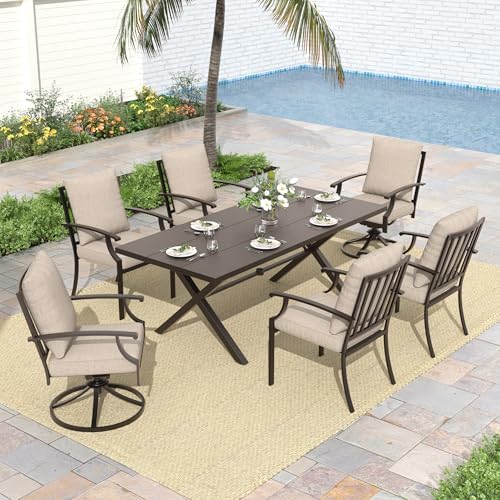 ALAULM 7-Piece Patio Dining Table and Chairs for 6 Outdoor Dining Set with 2 Swivel Chairs Patio Dining Sets with Rectangular Metal Table with Umbrella Hole for Patio, Backyard, Garden-Sand by ALAULM