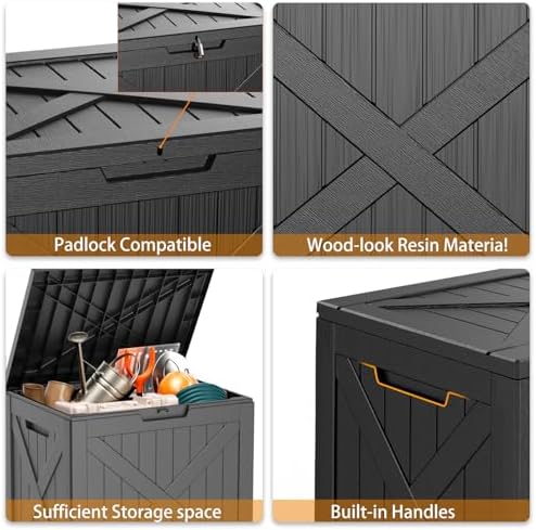 ROJIK 32 Gallon Outdoor Storage Housing Deck Box,Waterproof Patio Furniture, Garden Tools, Cushions, Pool Accessories Storage Bench with Lockable Lid and Side Handles(Black) - Image 4
