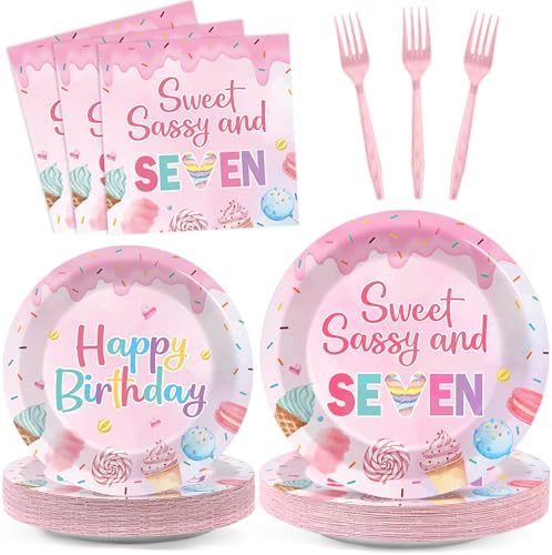 96 PCS Donut 7th Party Plates and Napkins Donuts Party Tableware Supplies Sweet Sassy Seven Year Old Plates Napkins Decors Donuts Decorations for Kids Birthday Gatherings Decorations by Oitnlaughter