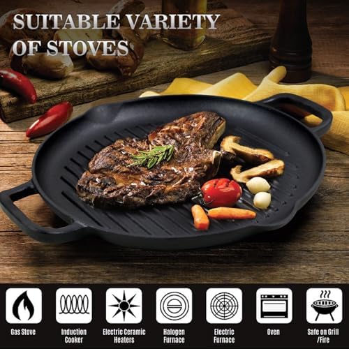 12.6" Cast Iron Grill Pan, Pre-Seasoned Griddle with Dual Handles - Image 3