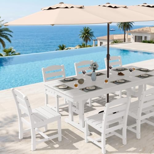 KINGYES Outdoor Dining Table,84'' HDPE Patio Table with Umbrella Hole,White - Image 5