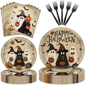 96 Pieces Halloween Tableware Set – Ghost Disposable Plates, Napkins, and Black Forks for Halloween Party, Haunted House, Trick or Treat and Spooky Celebrations – Serves 24 Guests by Herytem
