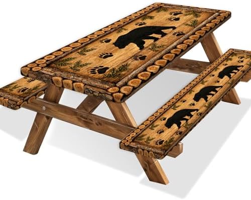 Forest Theme Picnic Table Cover with Bench Covers 6FT, Camping Essentials, Wood Grain Bear Waterproof Windproof Oilproof, Fitted Tablecloth Cover with Elastic Edge for Outdoor Garden 3 PCS 30x60 Inch by Xguatan