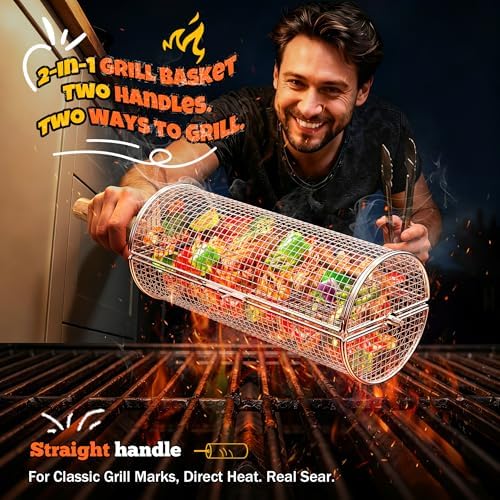 2-in-1 Rolling Grill Basket 304 Stainless Steel Rotatable with Dual Handles - Image 5