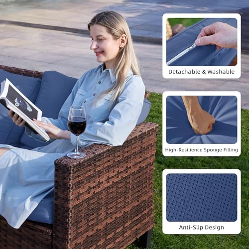 UDPATIO 5 Pieces Patio Furniture Set with Fire Pit Table, Outdoor Conversation Set with Rocking Swivel Chairs, Wicker Furniture Set with Waterproof Cover, 4'' Thickened Cushion, Navy - Image 6